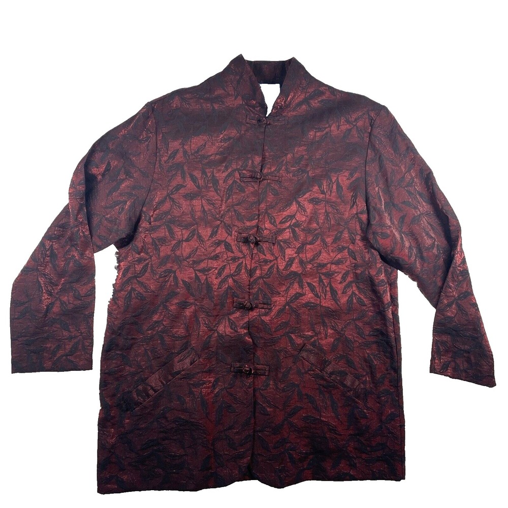 Karen Scott Burgundy Black Damask Mandarin Top/Jacket SZ M Holiday Dressy‎